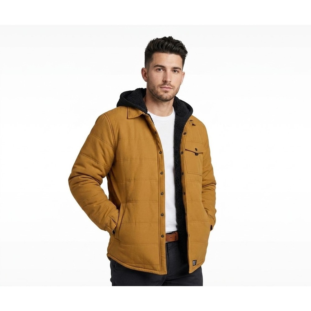 Matix Mens Sherpa Lined Quilted Hooded Shirt Jacket Mustard Brown Size Small